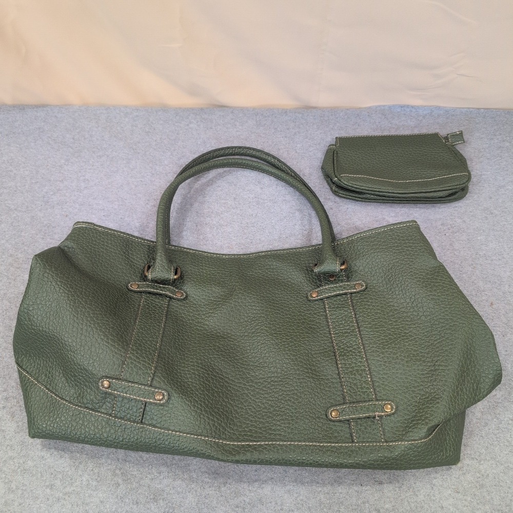 Estee Lauder Olive Green Pebbled Faux Leather Tote Bag with Cosmetic Pouch Set - Picture 1 of 7